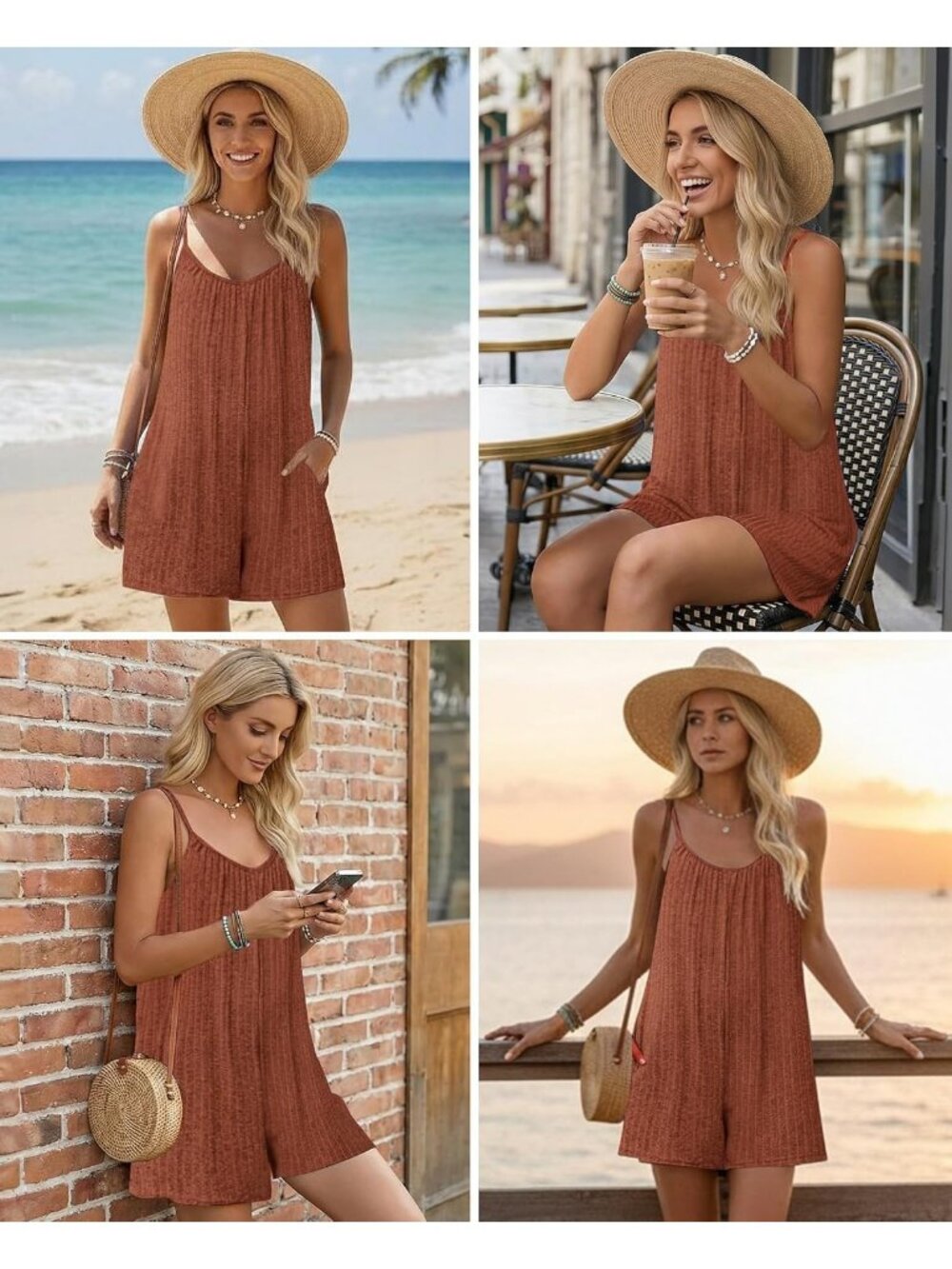 Women's Caramel Summer Casual Loose Sleeveless Overall Adjustable Short Romper - Picture 4 of 6